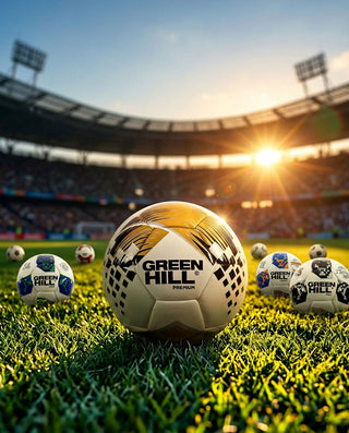 Ein hochwertiger Green Hill Fußball liegt im saftig grünen Gras eines modernen Stadions. Im Hintergrund sind die Zuschauerränge im warmen, goldenen Licht der Sommersonne zu sehen, was eine motivierende WM-Atmosphäre schafft.
