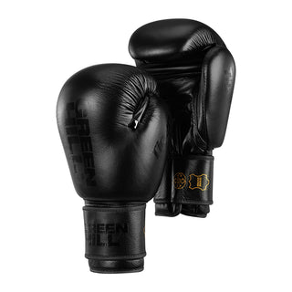 Ein Paar stehende, komplett schwarze Echtleder-Boxhandschuhe des Modells Tiger Black Edition von Green Hill vor weißem Hintergrund. Der vordere Handschuh zeigt den Handrücken mit einem glänzenden, schwarzen Green-Hill-Schriftzug auf mattem Leder. Der hintere Handschuh ist leicht seitlich gedreht und lässt die Innenhand-Konstruktion sowie die goldenen Prägungen für 'Genuine Leather' und das Anti-Shock-System auf der Manschette erkennen.