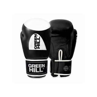 Ein Paar schwarze Echtleder-Boxhandschuhe des Modells Tiger von Green Hill stehend vor weißem Hintergrund. Der linke Handschuh zeigt die Frontansicht des Handrückens mit dem markanten, weißen Green-Hill-Logo und einer weißen Trefferfläche an der Spitze. Der rechte Handschuh ist umgedreht und zeigt die Innenhand-Perspektive mit der weißen Belüftungsöffnung am Handgelenk sowie weißen Kontrastnähten am Klettverschluss.