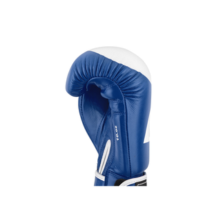 Seitenansicht eines professionellen Green Hill Boxhandschuhs aus glänzendem, blau Echtleder. Die Schlagfläche an der Oberseite ist in kontrastierendem Weiß gehalten. Auf der Manschette über dem Klettverschluss ist die Unzen-Angabe '10.0z' in weißer Schrift aufgedruckt. Der Hintergrund ist neutral weiß.