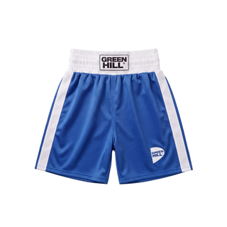 Blaue Box-Shorts mit feiner Mesh-Perforierung, breitem weißem Elastikbund und seitlichen weißen Akzentstreifen.