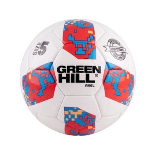 Ein handgenähter, weißer Green Hill „Axel“ Fußball (Größe 5) mit einem klassischen 32-Panels-Design. Der Ball ist mit auffälligen roten, blauen und gelben Pixelmustern auf den Feldern rund um das zentrale weiße Panel versehen. Auf dem mittleren Panel ist das Logo „GREEN HILL AXEL“ in schwarzen Buchstaben aufgedruckt. Links befindet sich der Schriftzug „SIZE 5“ und rechts ein rundes Siegel-Logo mit dem Text „EXCLUSIVE 32 PANEL - HAND STITCHED CONSTRUCTION - SOFT TOUCH COVER“.