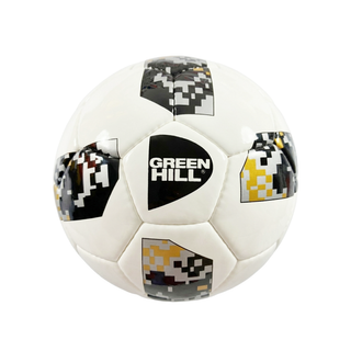 Green Hill FREJ Fußball Größe 5, weiß mit modernem pixelartigem Muster in Gold und Schwarz, handgenähte Panels und Markenlogo auf weißem D-Logo Hintergrund.