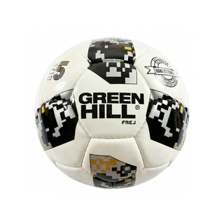 Green Hill FREJ Fußball Größe 5, weiß mit modernem pixelartigem Muster in Gold und Schwarz, handgenähte Panels und Markenlogo auf weißem Hintergrund.