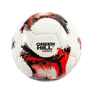 Der Green Hill Fußball MONACO in Größe 5 vor einem hellgrauen Hintergrund. Der weiße Ball zeigt ein dynamisches, modernes Muster in Schwarz und Rot, handgearbeitete Nähte der Nova Tec Hybrid-Technologie sowie das Green Hill Markenlogo.
