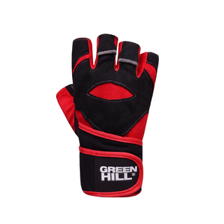 Die Oberseite des fingerlosen Green Hill RED CORE PRO Handschuhs in Schwarz und Rot. Im Zentrum des Handrückens befindet sich ein auffälliges, augenförmiges Fenster aus rotem Mesh-Gewebe, das von schwarzem Material umschlossen wird. Am Handgelenk schließt eine breite, schwarze Bandage mit rotem Saum ab. Auf dem Klettverschluss ist das Green Hill Logo in auffälligem Weiß aufgedruckt. An den Fingeransätzen sind graue Ausziehhilfen sichtbar.