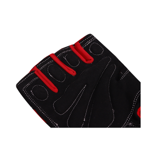 close up von der Handfläche des Handschuhs RED CORE PRO aus schwarzem, griffigem Material. Die ergonomischen Polsterungen sind durch markante, weiße Doppelnähte abgesetzt. Die Innenseiten der Fingeröffnungen sind in kontrastierendem Rot gehalten, was dem Handschuh eine dynamische Optik verleiht.