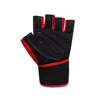 Die Handfläche des Handschuhs aus schwarzem, griffigem Material. Die ergonomischen Polsterungen sind durch markante, weiße Doppelnähte abgesetzt. Die Innenseiten der Fingeröffnungen sind in kontrastierendem Rot gehalten, was dem Handschuh eine dynamische Optik verleiht.
