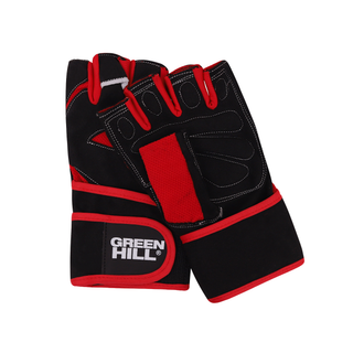 Ein Paar fingerlose Fitnesshandschuhe RED CORE PRO von Green Hill in Rot und Schwarz, übereinandergelegt auf weißem Hintergrund. Der obere Handschuh zeigt die schwarze Innenhandfläche mit ergonomischen Polsterungen und weißen Kontrastnähten sowie eine rote Daumeninnenseite aus Frottee-Gewebe. Der untere Handschuh zeigt den elastischen Klettverschluss am Handgelenk mit dem weißen Green Hill Logo.