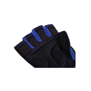 Close up material Handinnenfläche. Die Handfläche des Handschuhs aus schwarzem, griffigem Material mit ergonomischen, blauen Doppelnähten und Belüftungslöcher