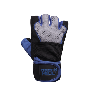 Die Rückseite des fingerlosen Green Hill PRO IRON BLUE Handschuhs. Zu sehen ist ein graues, perforiertes Leder-Inlay, das von blauem Stoff und schwarzen Textilzonen umrahmt wird. Am Handgelenk schließt ein breiter, schwarzer Klettverschluss mit blauem Rand ab, auf dem das Green Hill Logo in blauer, erhabener Schrift geprägt ist.