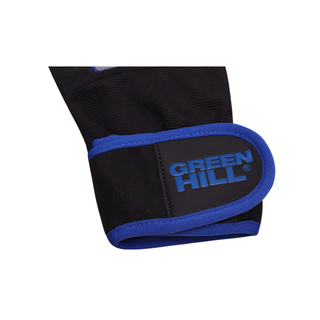 close up Klettverschluss mit blauen Green Hill Logo und blauen umrandung der Bandage