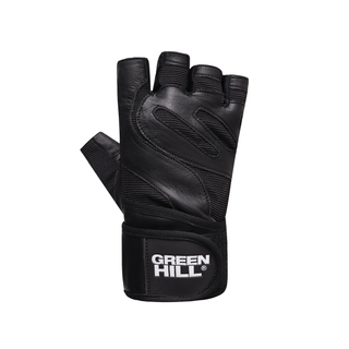 Fingerloser Damen-Kraftsporthandschuh DARK AURA von Green Hill komplett in elegantem Mattschwarz von oben fotografiert. Der Handrücken kombiniert geschmeidig weiches Glattleder mit feinen Einsätzen aus schwarzem Mesh-Gewebe für eine schlanke Frauenhand-Passform. Am Handgelenk sorgt eine integrierte Leder-Wickelbandage mit einem gummierten, weißen Green Hill Logo für einen sportlichen Kontrast."
