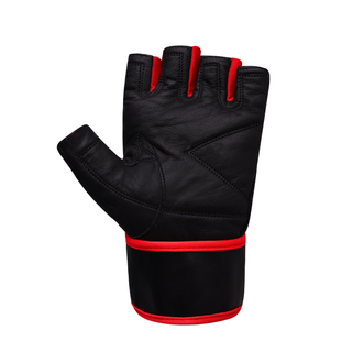 Die Handinnenfläche des komplett aus schwarzem Leder gefertigten Handschuhs. Zu sehen sind die dezenten, ergonomisch geschwungenen Polsternähte, die sich perfekt an die Anatomie der Hand anpassen. Die roten Textil-Einsätze an den Fingeröffnungen setzen einen sportlichen Kontrast zum dunklen Leder.