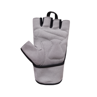 Die Handinnenfläche des grauen Green Hill VeloX Fitnesshandschuhs. Zu sehen ist die ergonomisch
gesteppte, verstärkte Polsterung aus grauem Wildleder an den Hauptdruckpunkten der Handfläche für
optimalen Grip. Am Mittelfinger ist eine praktische schwarze Ausziehschlaufe angebracht.