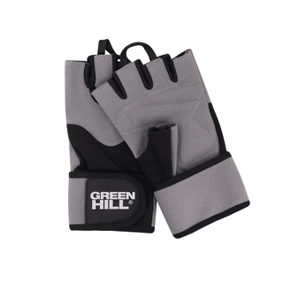 Ein Paar fingerlose Green Hill VeloX Fitnesshandschuhe in Grau und Schwarz, nebeneinander liegend auf weißem Hintergrund. Die Handschuhe zeigen die graue Wildleder-Innenseite mit gepolsterten Flächen und schwarzen Netzeinsätzen. Am Handgelenk befindet sich eine breite Klettverschluss-Bandage mit dem prominenten weißen Green Hill Logo auf dem schwarzen Klett-Patch. Ausziehschlaufen sind an den Fingeröffnungen erkennbar.