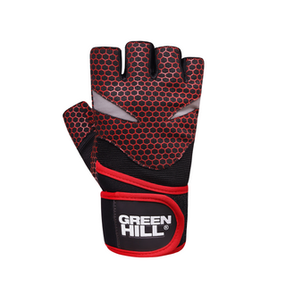 Die Oberseite des fingerlosen Green Hill HEXA MATRIX RED Handschuhs. Das Material zeigt ein durchgehendes, markantes Wabenmuster in Rot auf schwarzem Grund. Über dem Handrücken verlaufen zwei markante, spitz zulaufende Einsätze aus silbernem Reflektor-Material. Am Handgelenk befindet sich eine breite, schwarze Bandage mit rotem Saum und dem weißen Green Hill Logo auf dem Klettverschluss.