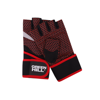 Ober- und Unterseite der Handschuhe übereinander liegend - Oberseite des fingerlosen Green Hill HEXA MATRIX RED Fitnesshandschuhs aus dünnem, schwarzem Moosgummi-Material, überzogen mit einer elastischen, roten Waben-Gummischicht.